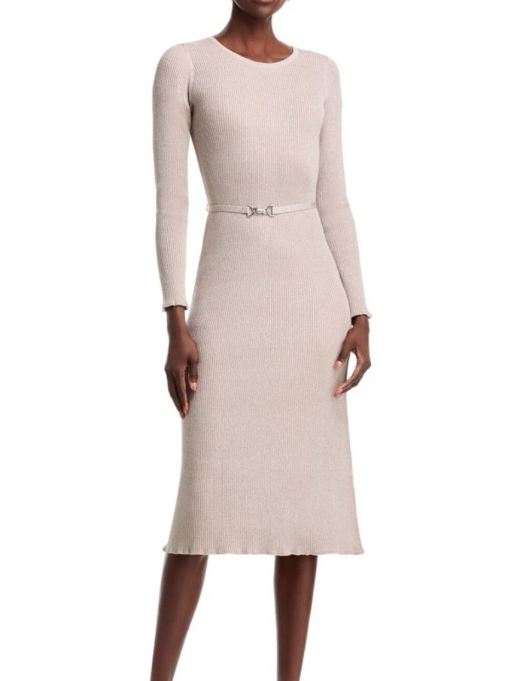 Elie Tahari Women's Size L Lurex Ribbed Knit Sweater Gold Midi Dress NEW